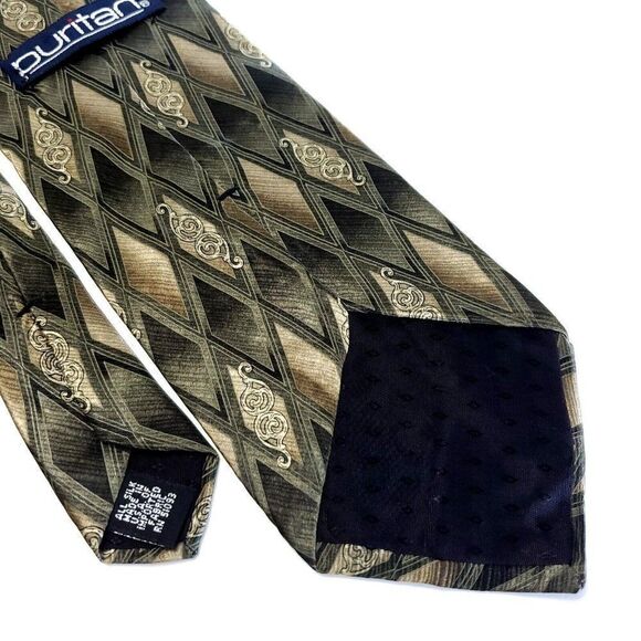 Puritan Green Tan Abstract Geometric Print Wide Silk Tie - Picture 5 of 6